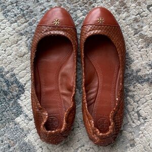 Tory Burch Cognac Snake-Embossed Flats